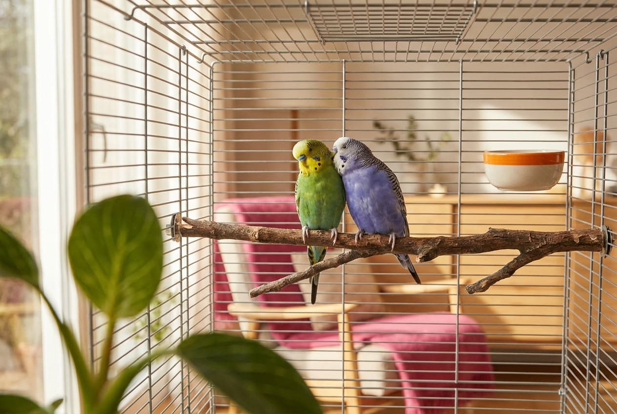 Two budgies perched close together on the same natural branch inside a wide flight cage, one preening the other