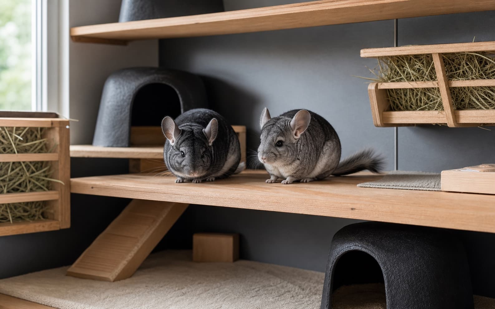 Two compatible gray chinchillas resting near separate hides and hay access points