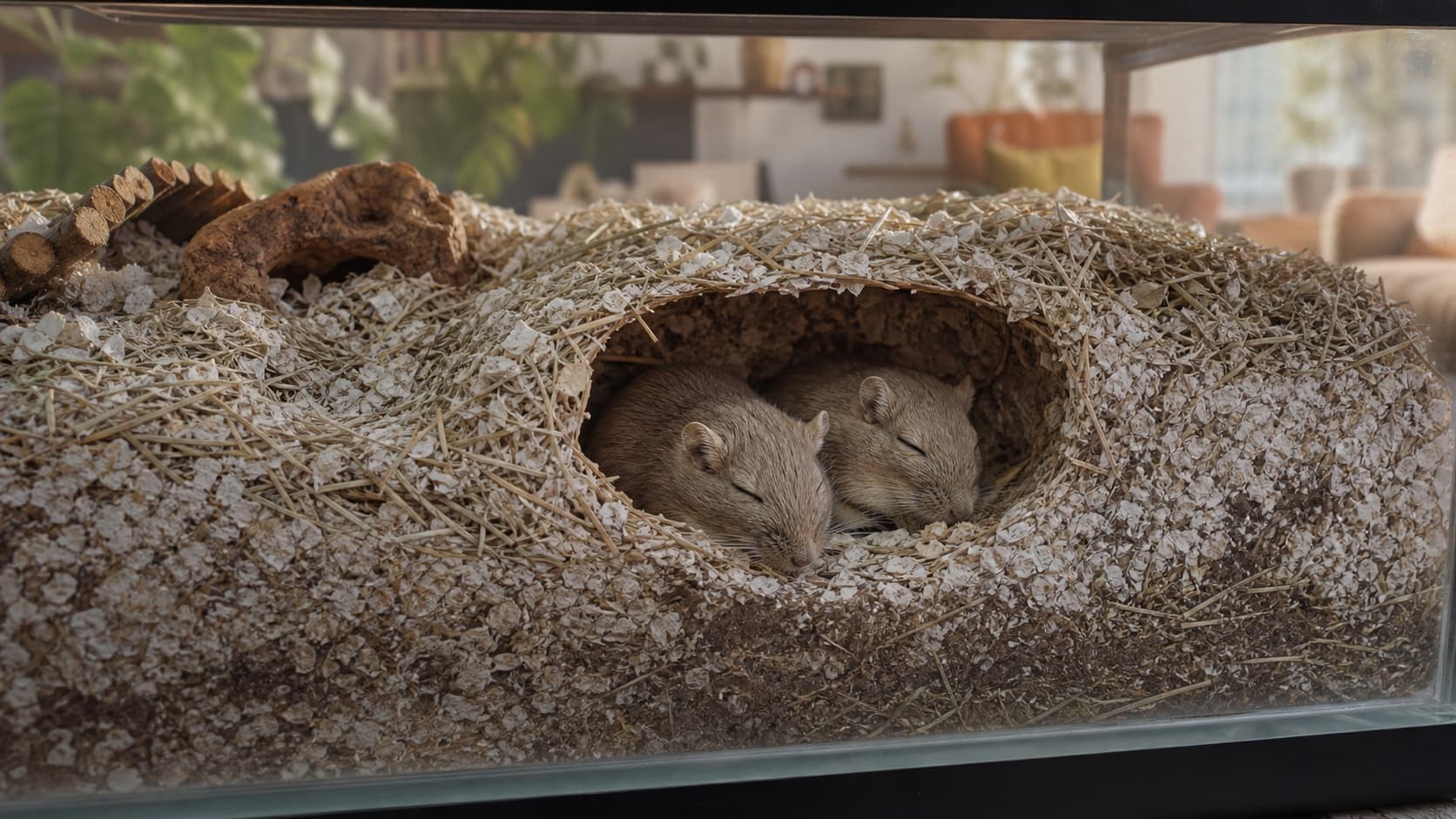A bonded pair of gerbils sleeping together inside a shared nest chamber
