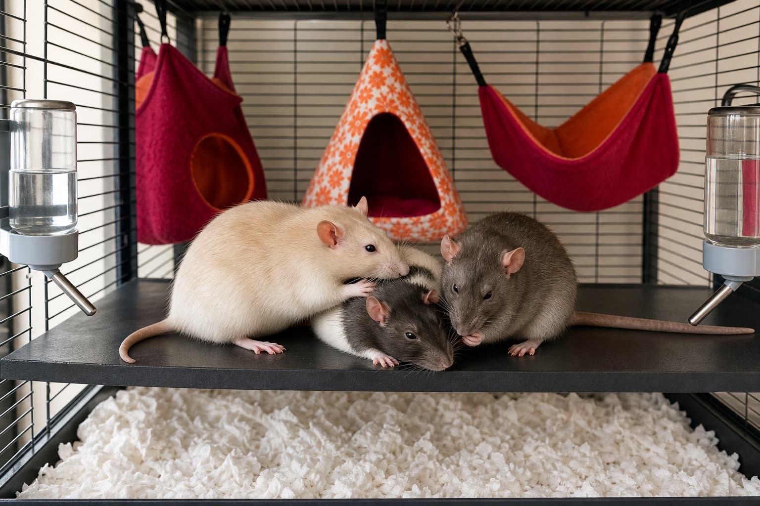 Three compatible pet rats resting and grooming together in a spacious cage with several hides, hammocks, food points, and water sources