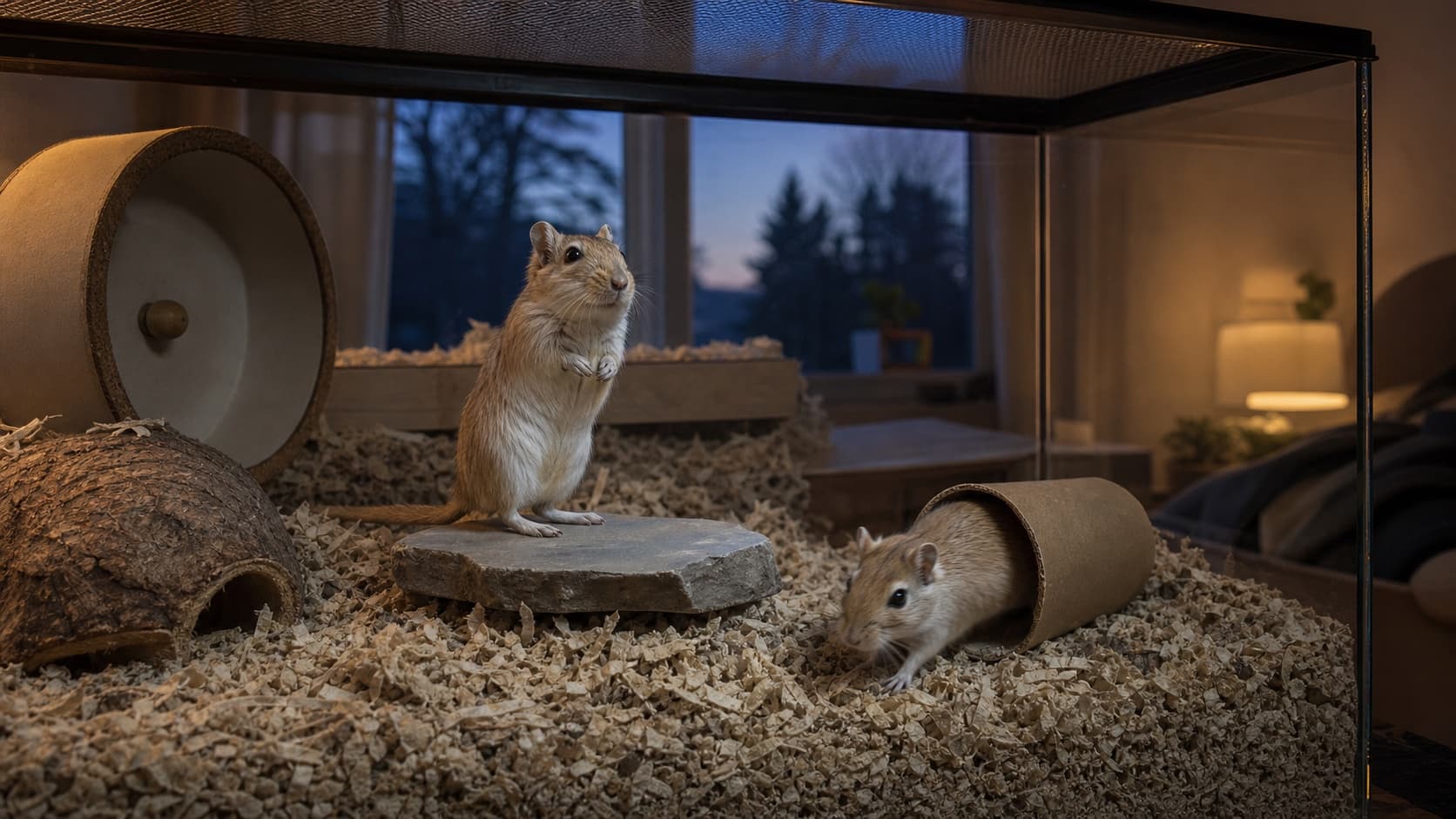 Two gerbils active together at dusk inside a secure habitat