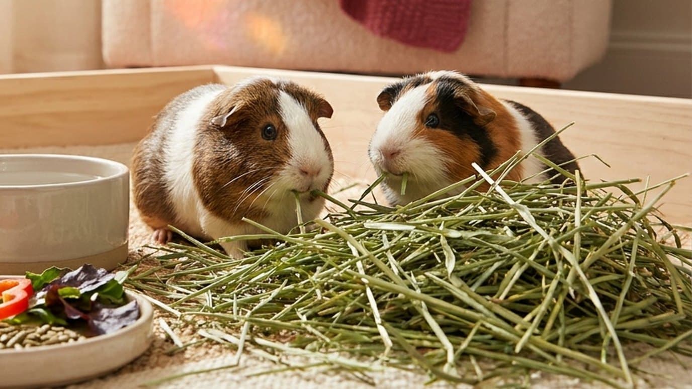 Two guinea pigs eating a pile of fresh hay side by side on a rug beside their food bowls