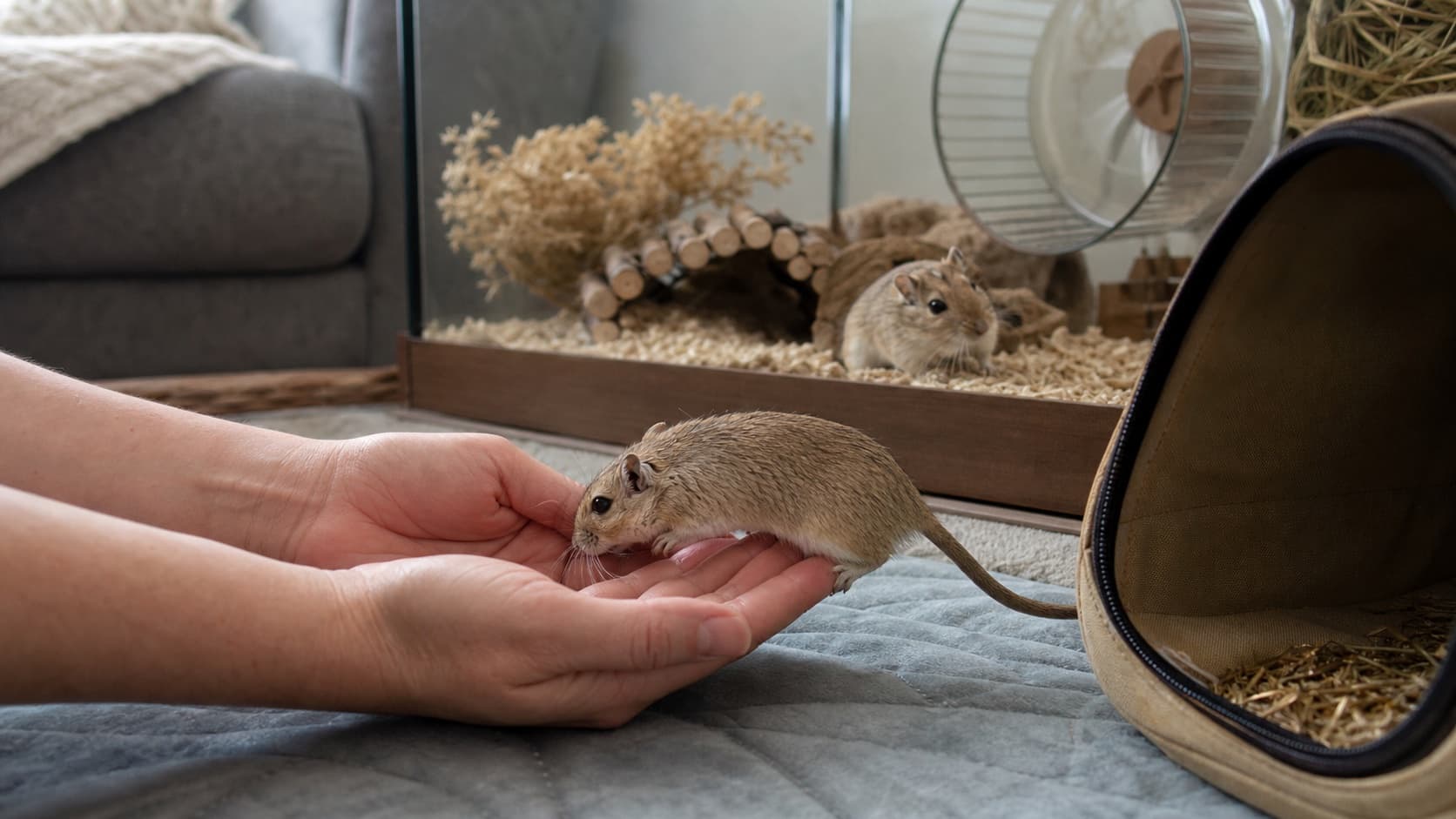 A gerbil stepping voluntarily onto two cupped hands beside an open carrier