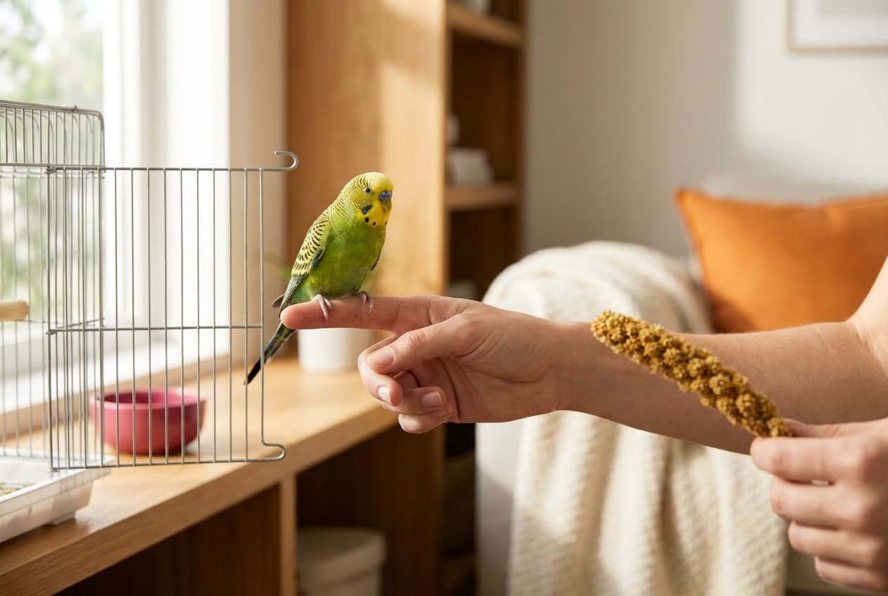 A budgie voluntarily stepping onto an offered index finger near an open cage door in a bright, calm room