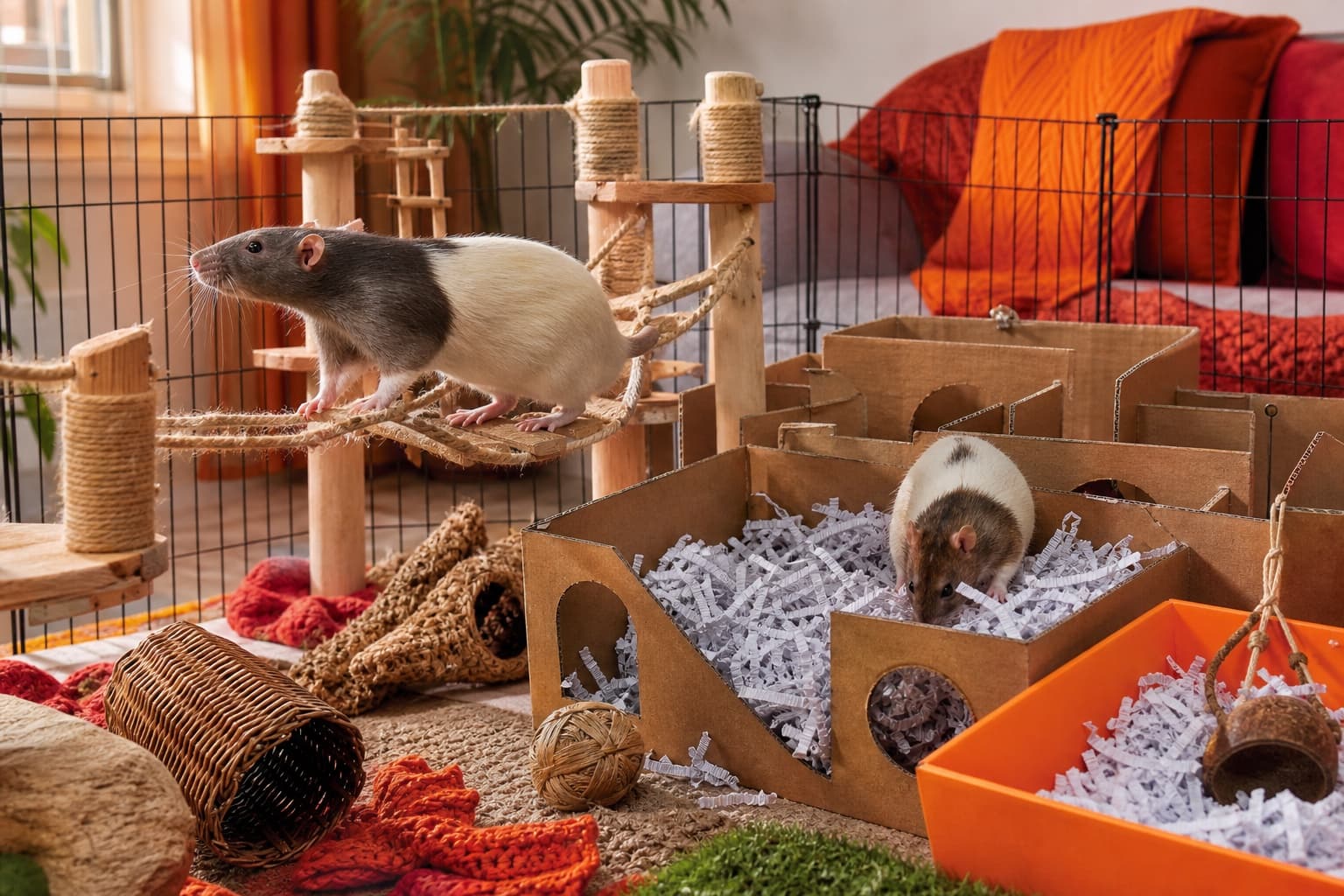 Two pet rats climbing and digging in a secure play area with platforms, cardboard routes, paper, and forage activities