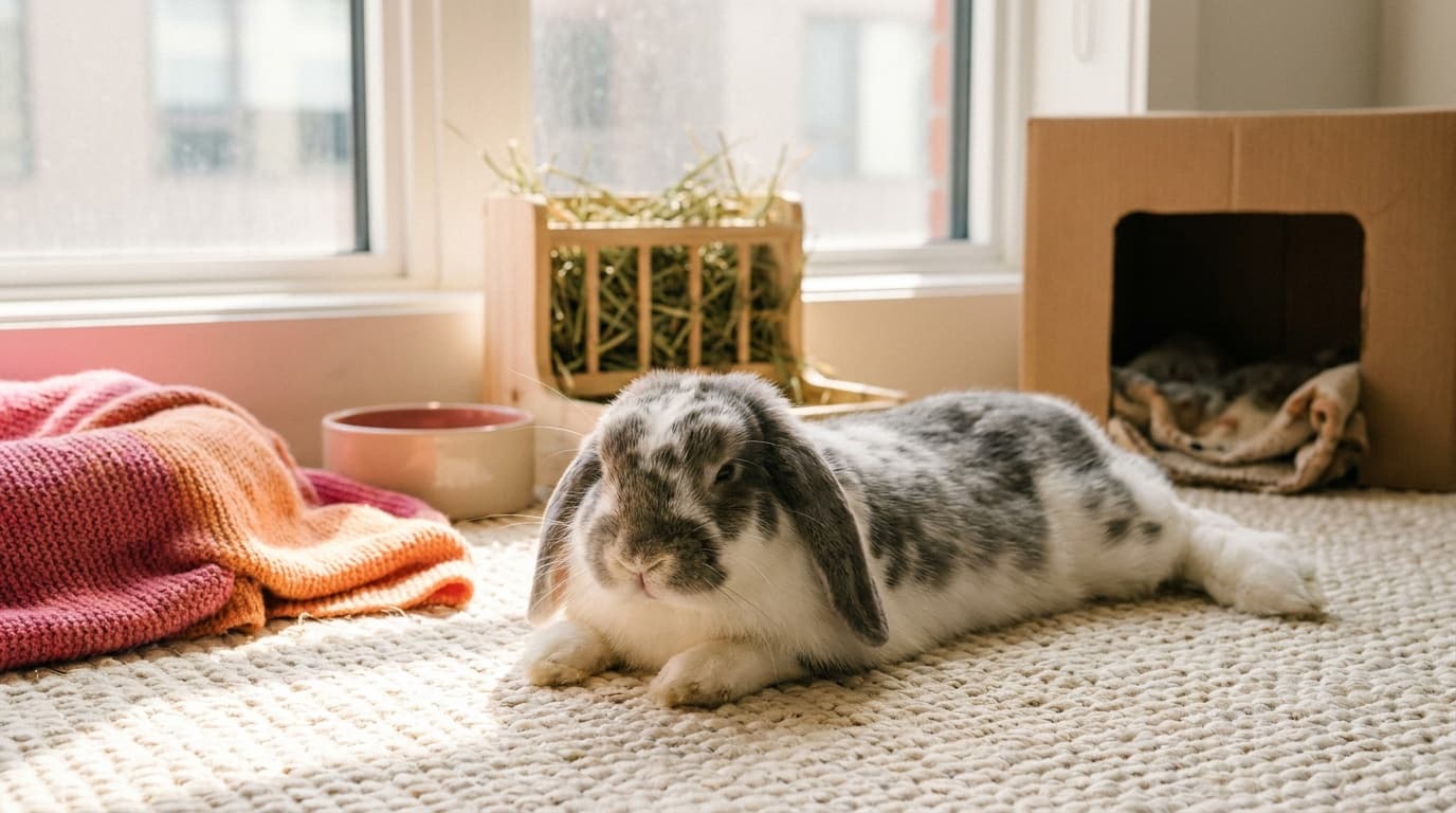A grey and white lop rabbit stretched out and relaxed on a rug beside a hay rack and a cardboard hideout