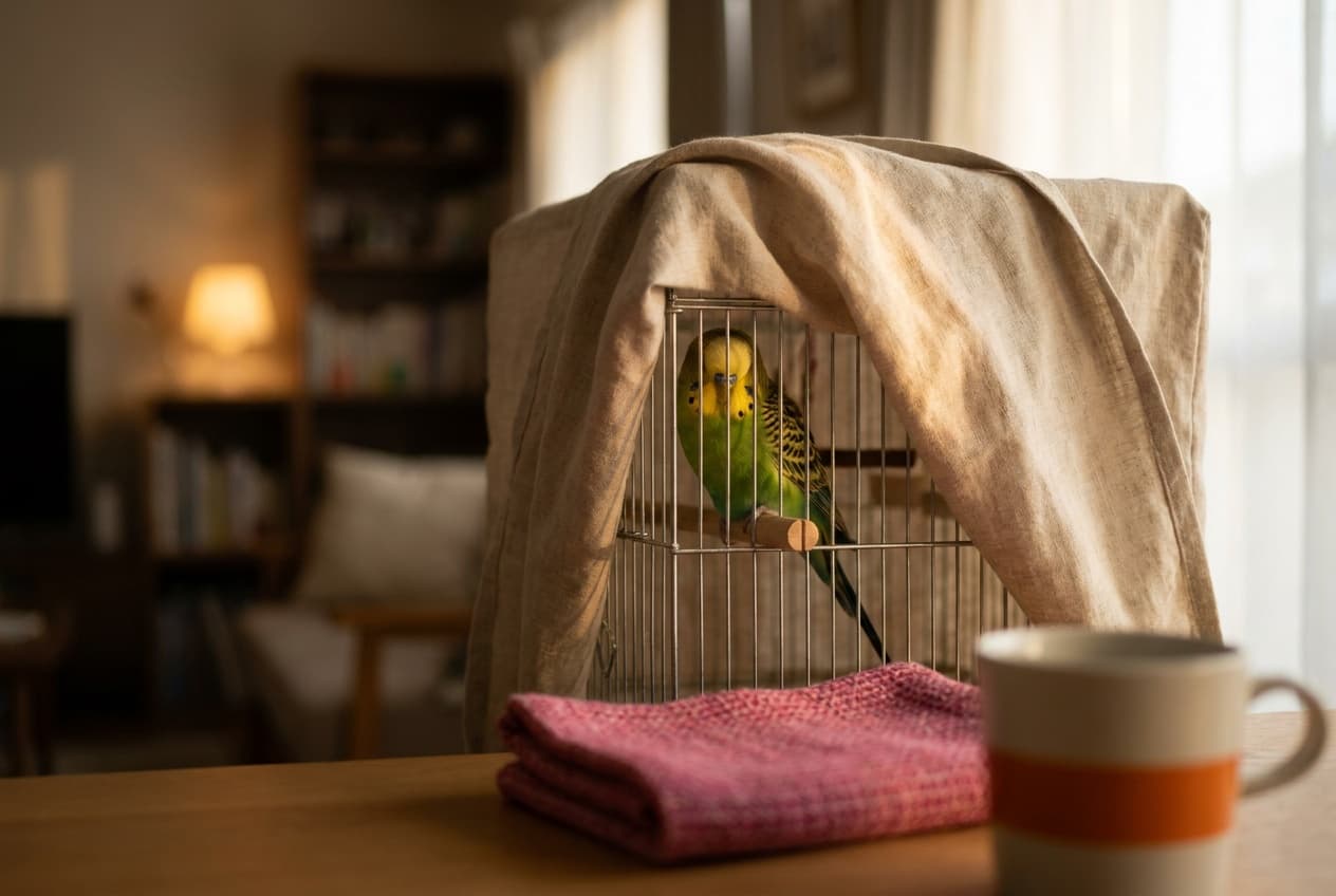 A budgie settled on a high perch in a partially covered cage in a dim, quiet evening room