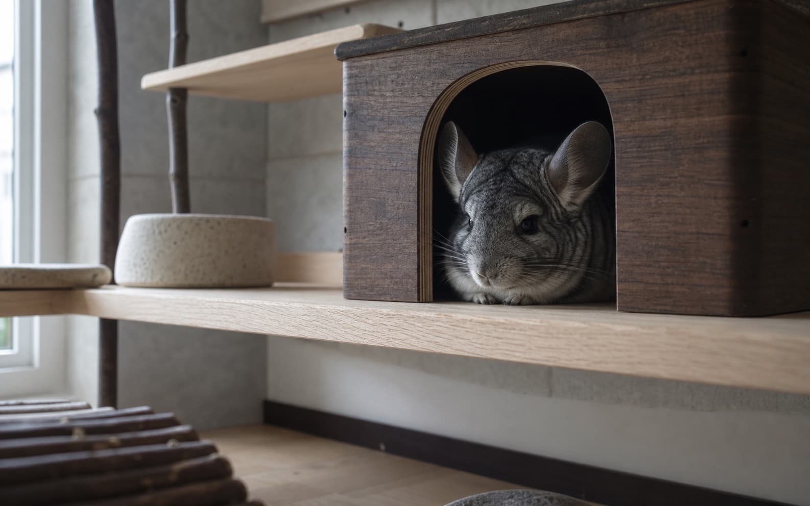 A gray chinchilla resting inside a dark wooden hide during the day