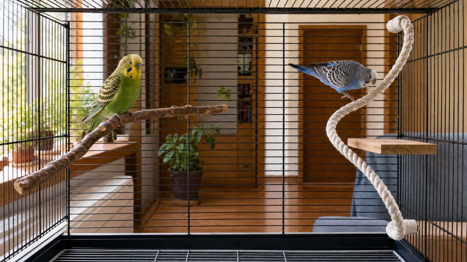 Two budgies using a natural branch and a side-mounted rope route in a wide cage with an open center flight lane and a small flat rest