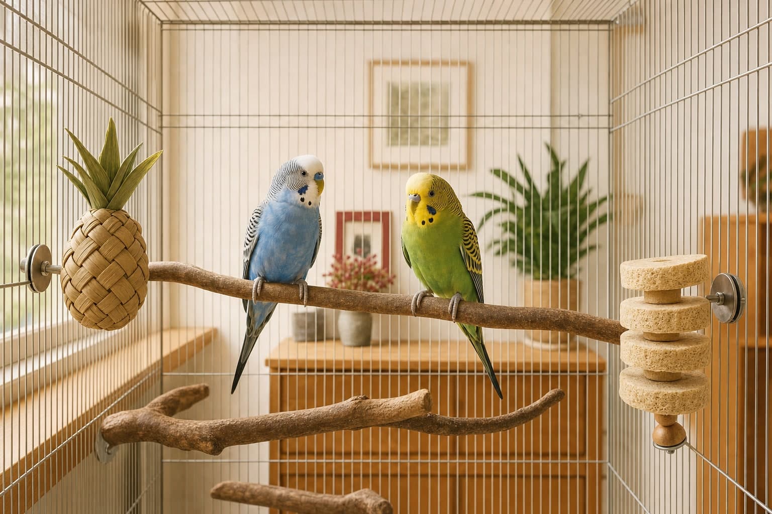 Two budgies on a natural branch between a woven palm forager and a tidy stack of soft wood discs in a wide flight cage