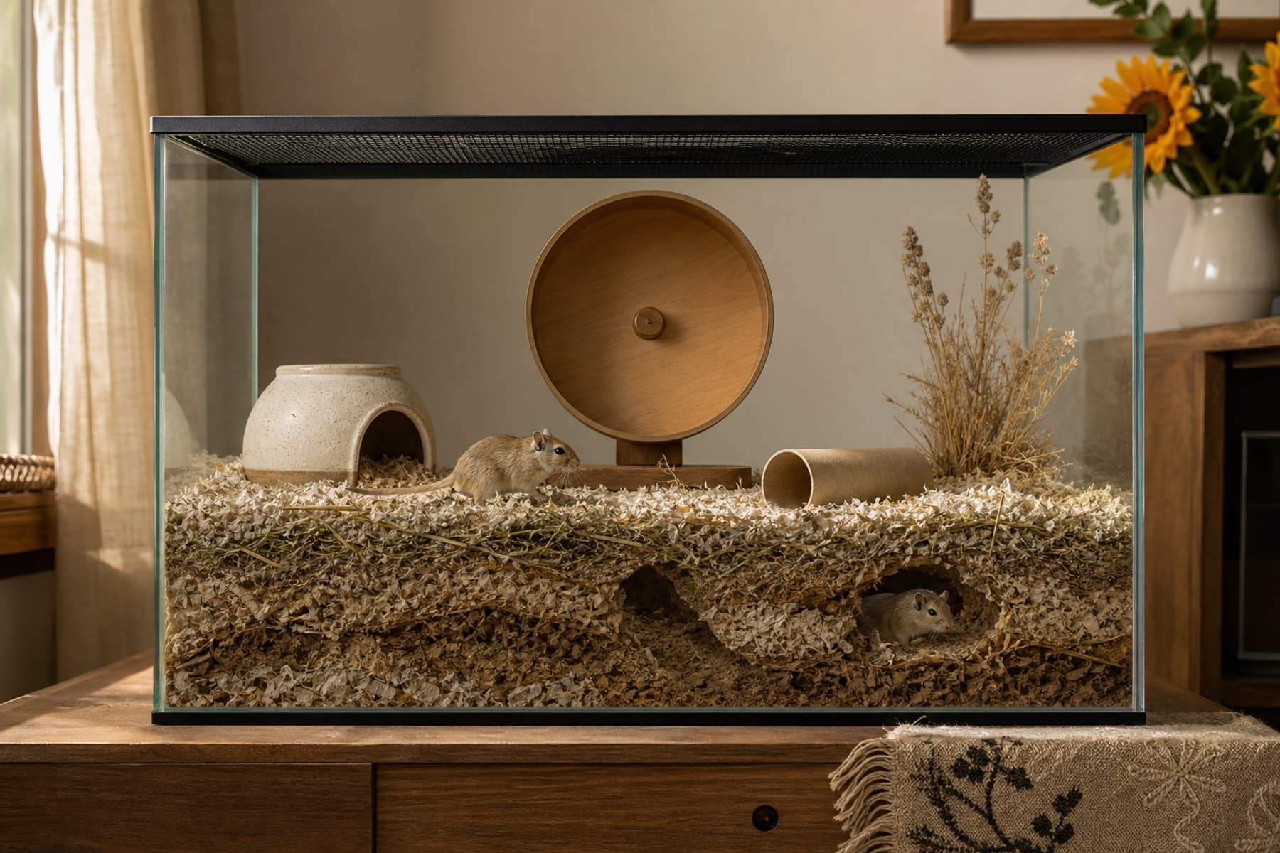 Two gerbils in a secure glass habitat with deep mixed bedding, visible burrows, and a complete floor-supported wheel below the mesh lid