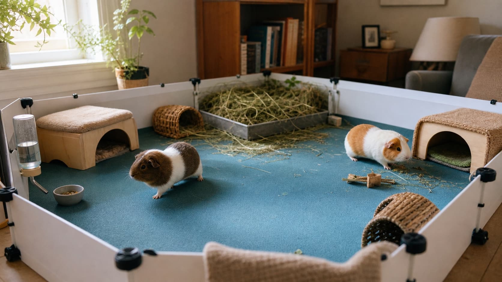 Two guinea pigs crossing a wide solid blue floor inside a low indoor habitat with hay, water, and several open shelters