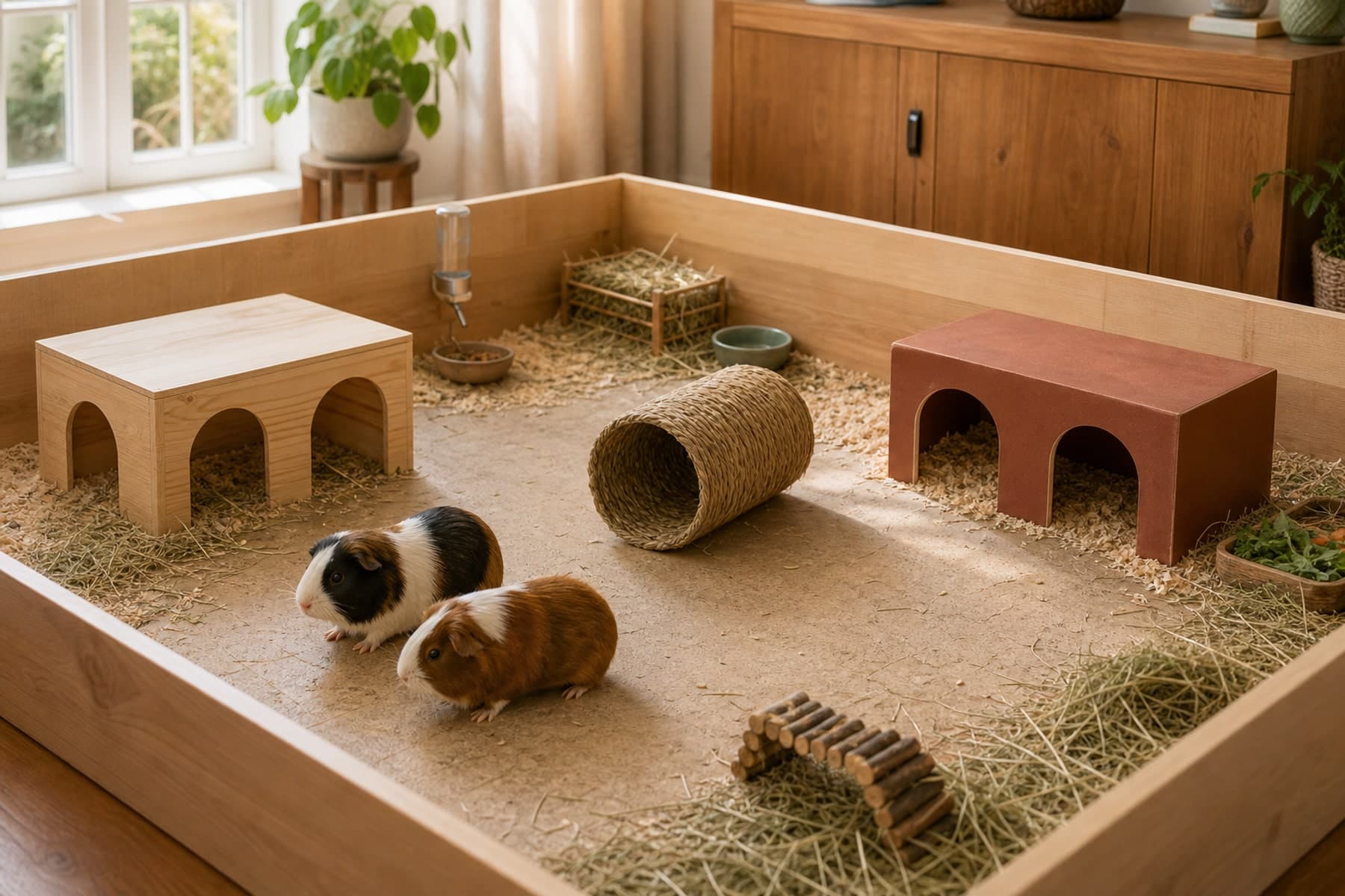 Two guinea pigs in a roomy habitat with three open-route shelter positions and a clear running lane