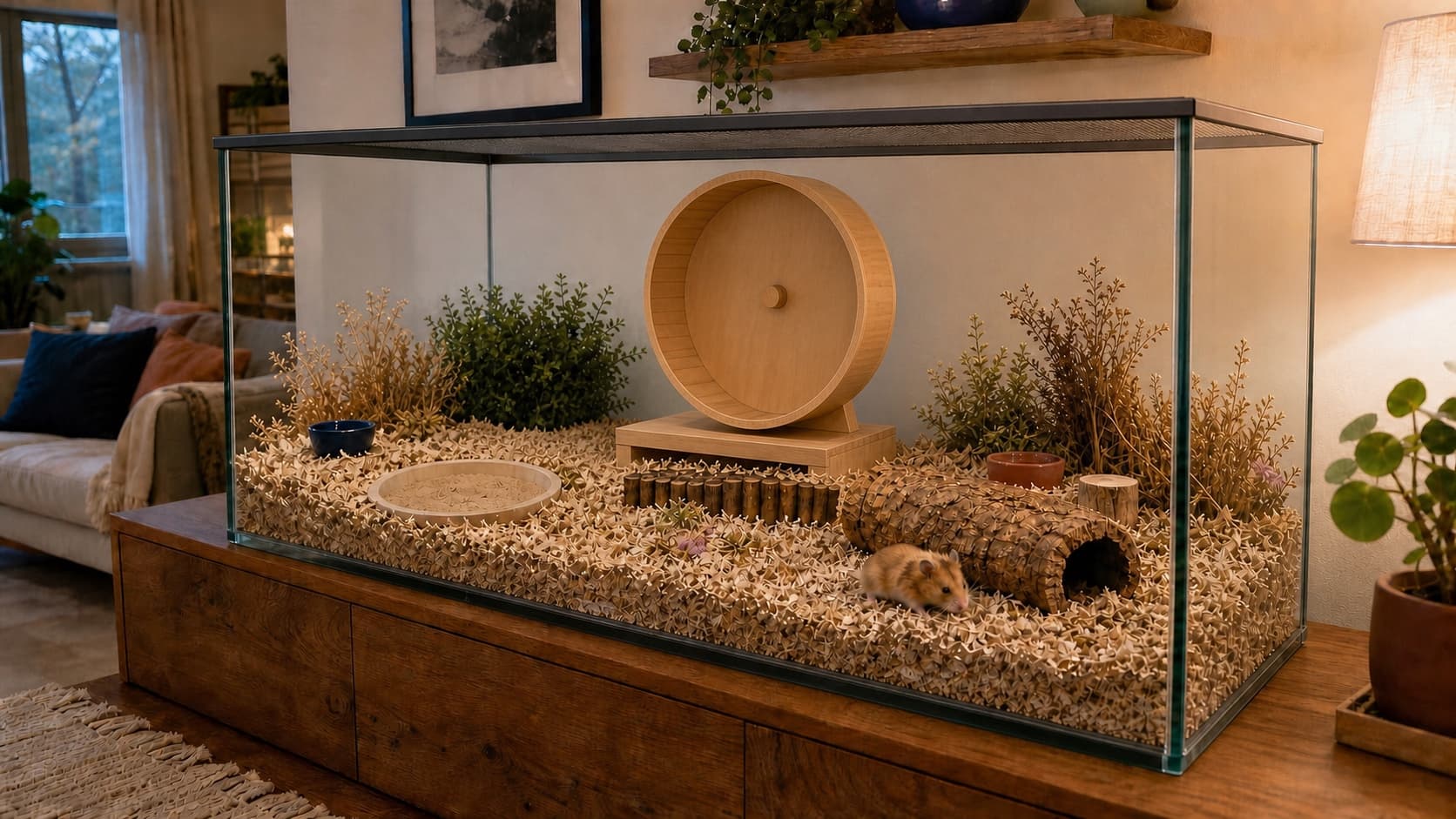 A Syrian hamster exploring a large secure living-room enclosure with deep bedding, hides, and a complete solid wheel set below a ventilated mesh lid