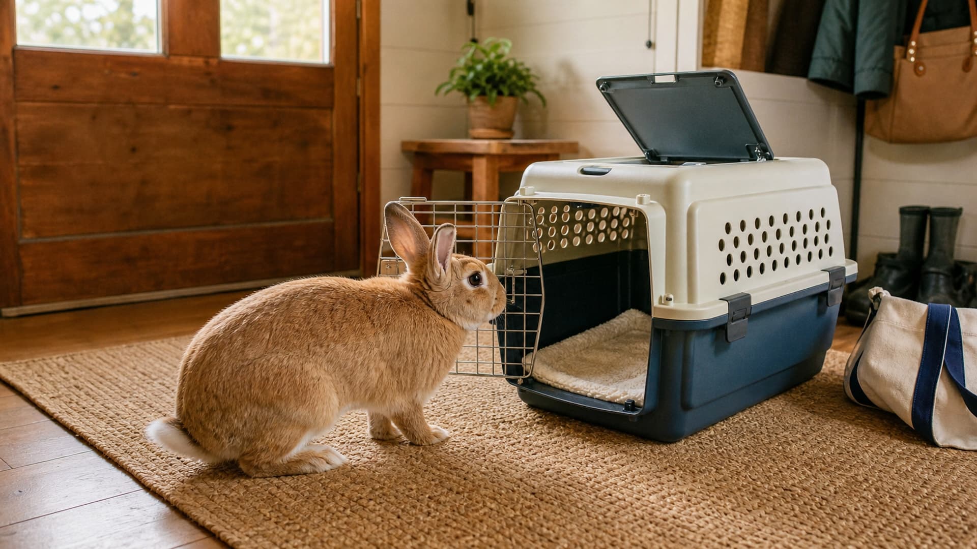A calm rabbit investigating the open front door of a roomy hard-sided carrier with a secure wire door and top access