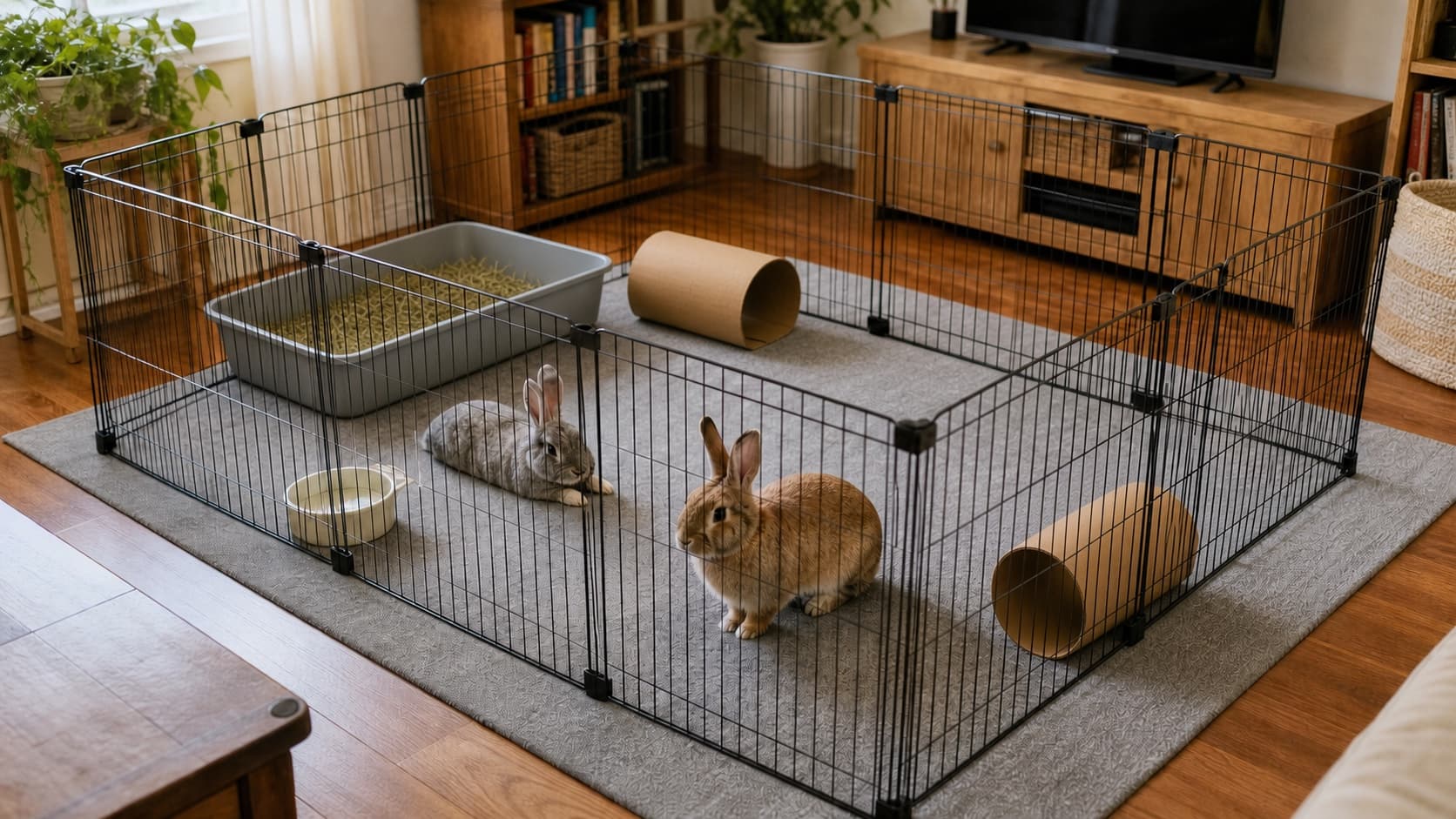 Two rabbits in a roomy black metal exercise pen on a solid rug with a litter tray, hay, hideout, and two open tunnels