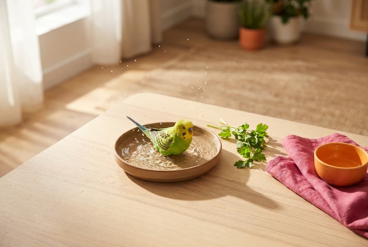 A budgie splashing in a shallow ceramic dish of clean water beside fresh wet leafy greens