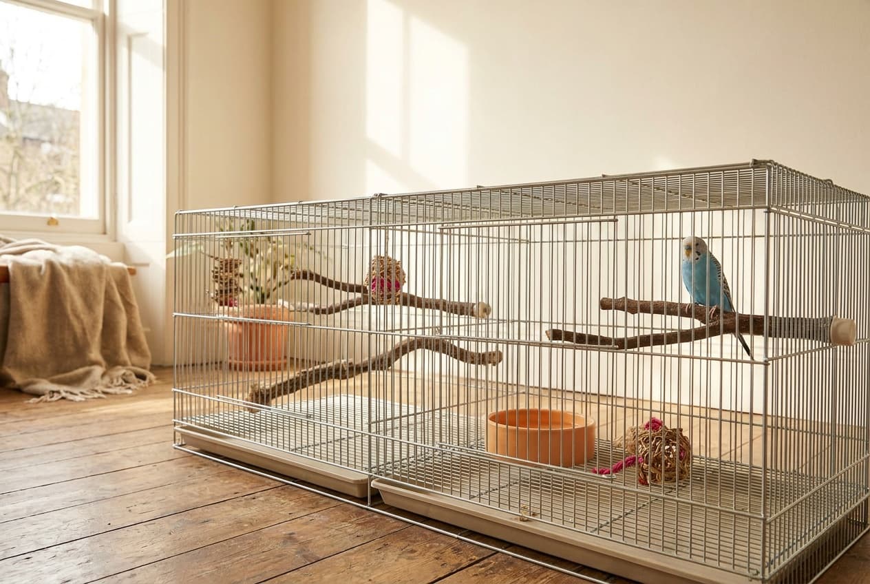 A wide budgie flight cage with natural wood perches at different heights, ceramic food dishes, and a shallow bath, set against a bright wall