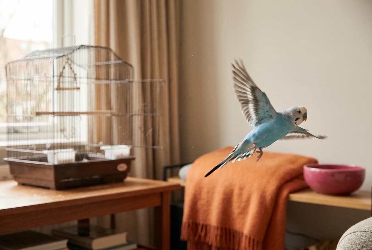 A budgie in mid-flight across a bright closed room with curtains drawn over the window and a wide open-door cage waiting