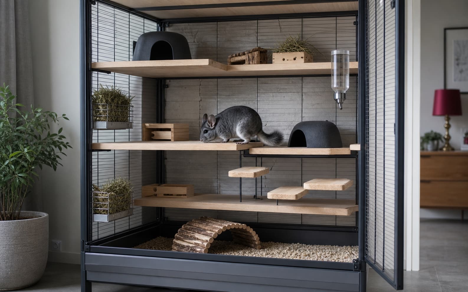 A gray chinchilla moving through a tall cage with broad solid shelves and short landing routes