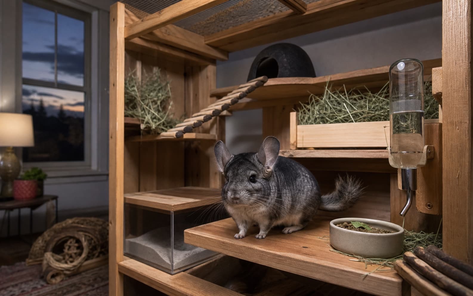 A chinchilla in a tall indoor home with broad shelves, hay, water, hides, and chew-safe wood