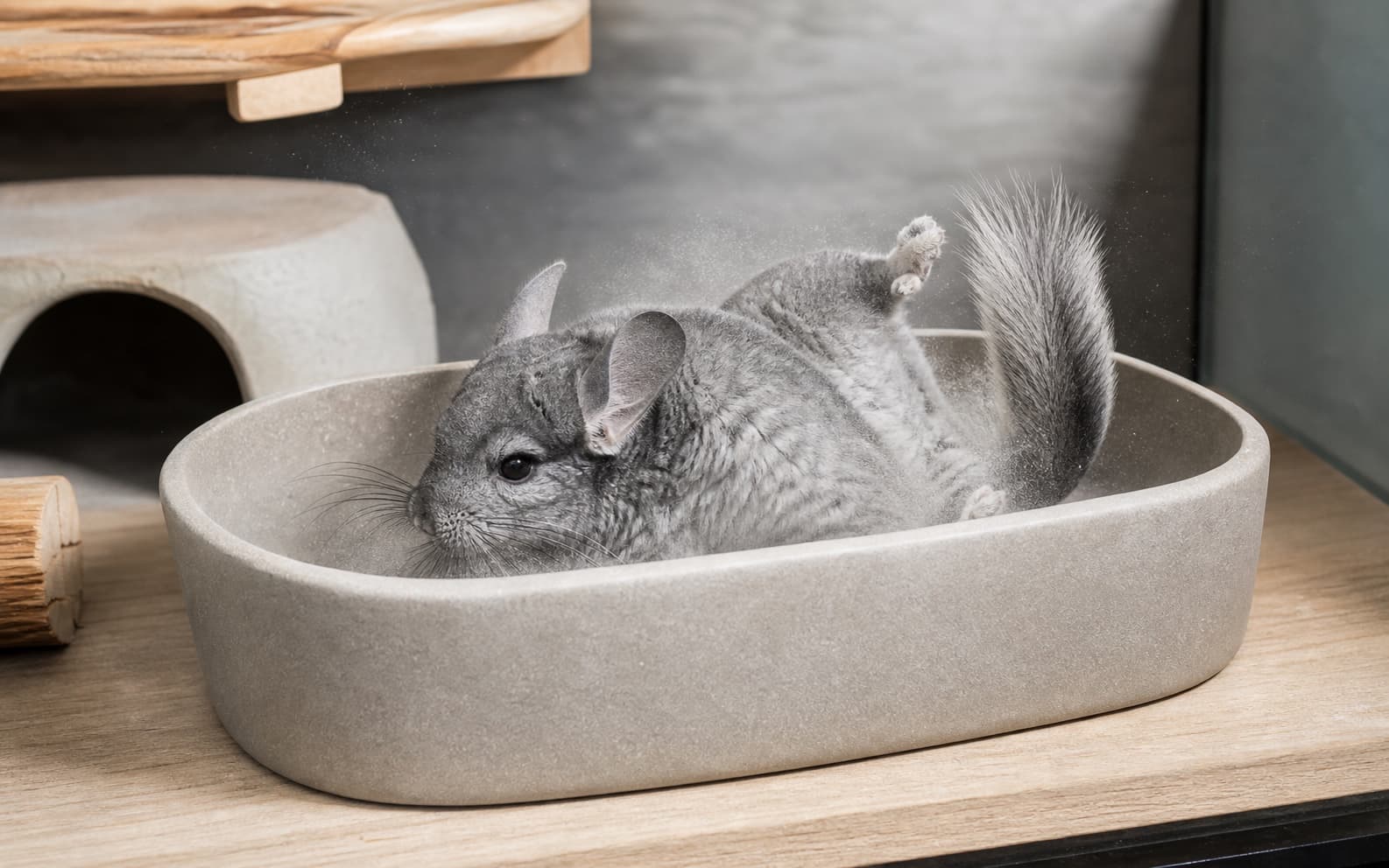 A chinchilla rolling in a roomy, stable ceramic dust bath