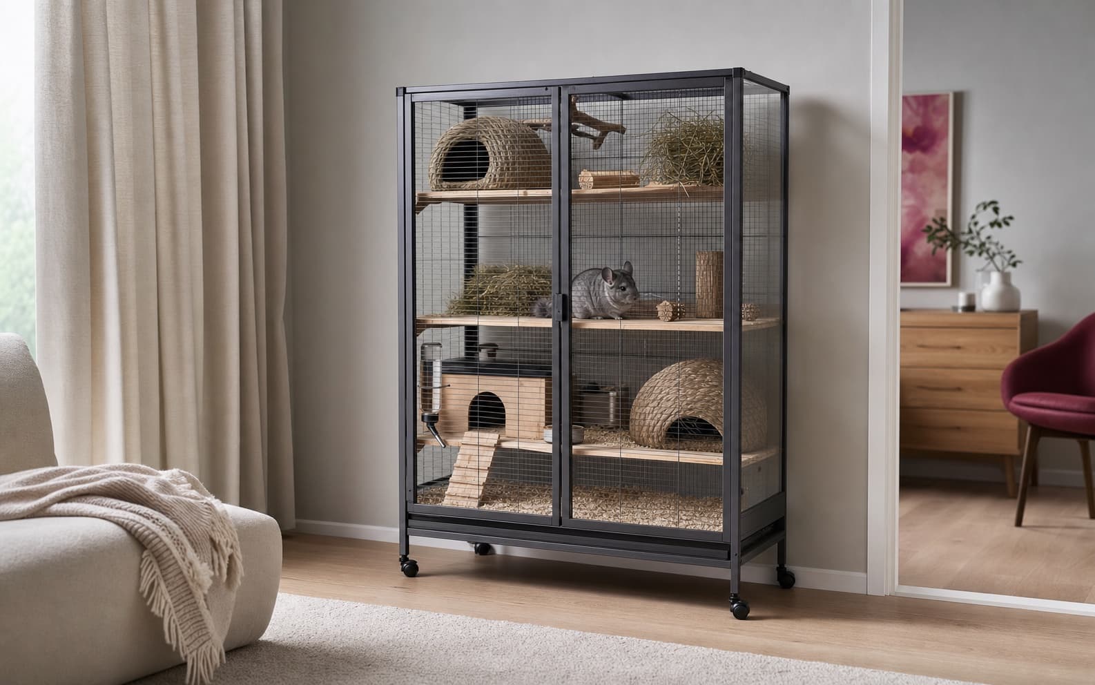 A tall chinchilla enclosure against an interior wall in a shaded, quiet room