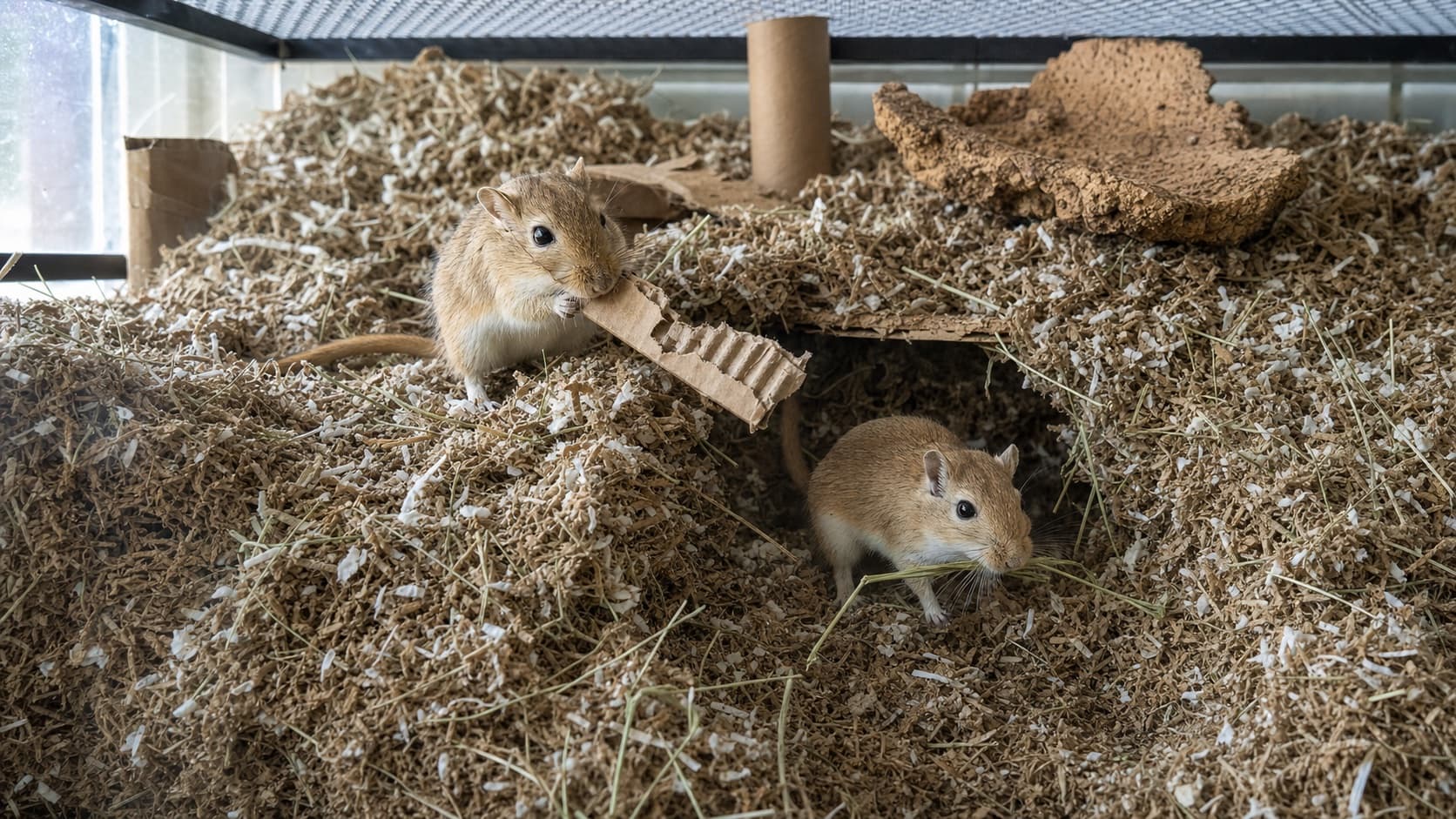 Two gerbils building tunnels with deep paper bedding, hay, and plain cardboard