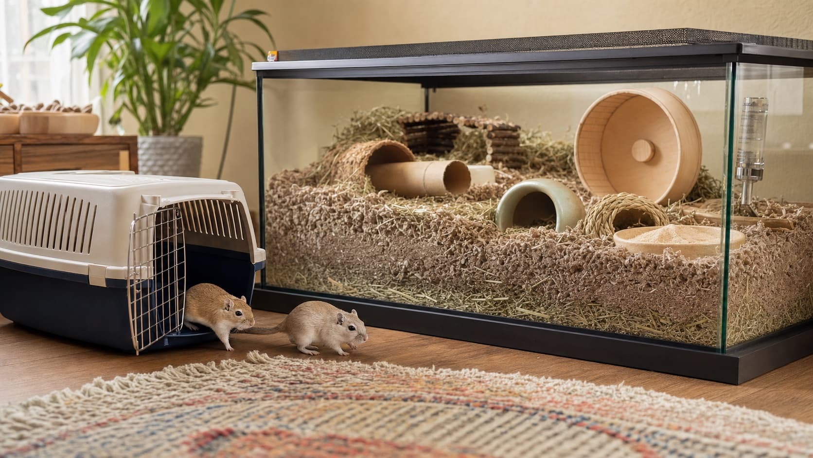 Two gerbils leaving an open carrier beside a complete deep-bedded gerbilarium