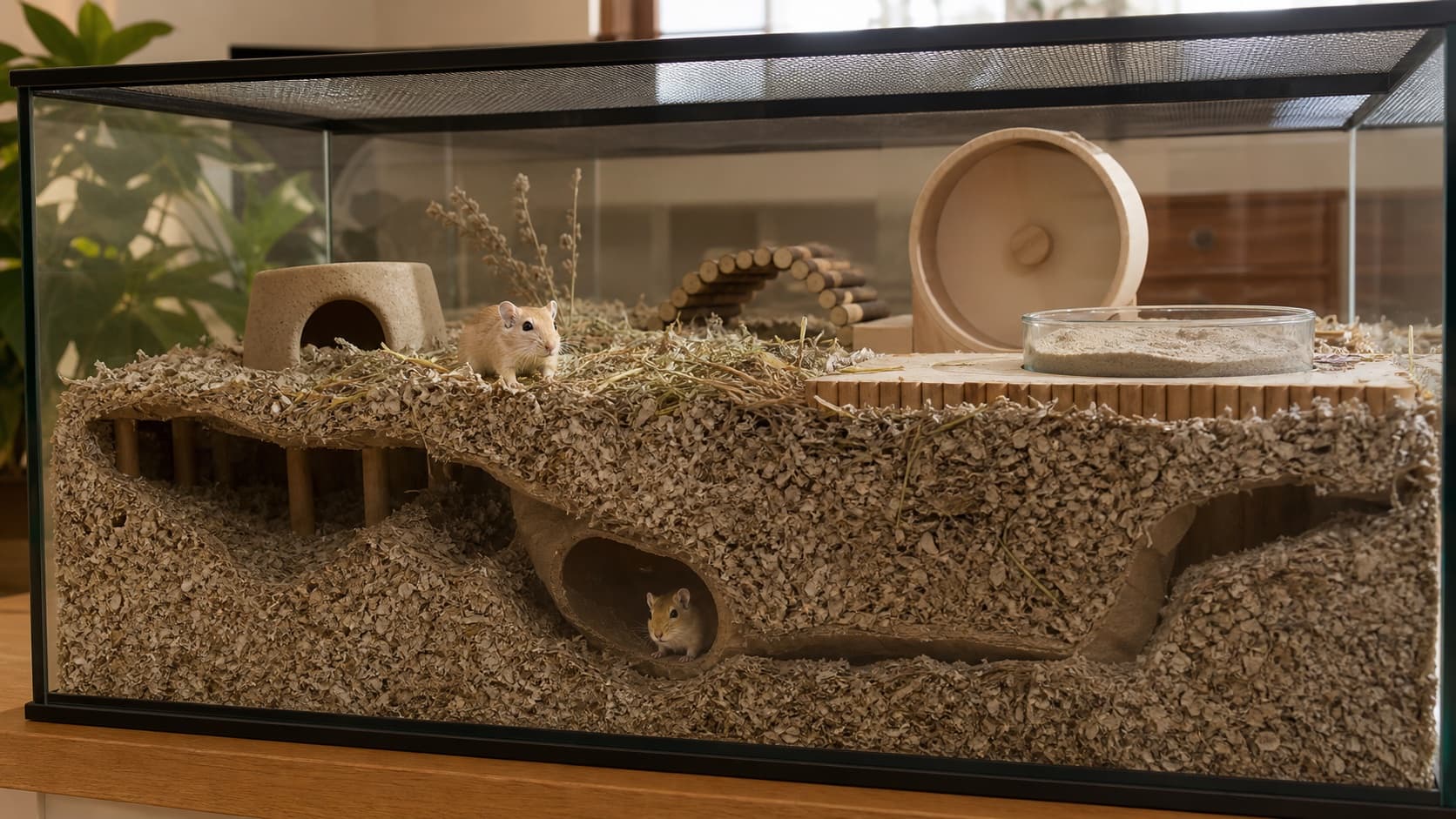 Two gerbils using connected tunnels in a large deep-bedded glass gerbilarium