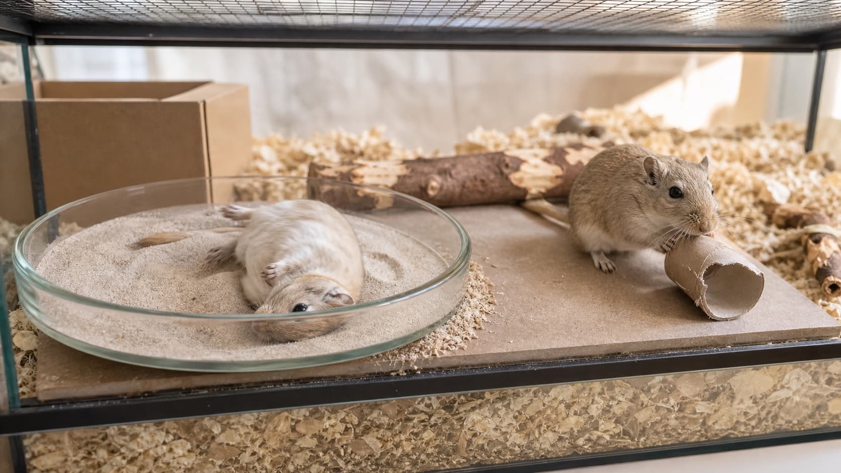 One gerbil rolling in a shallow sand bath while a companion chews a plain cardboard tube