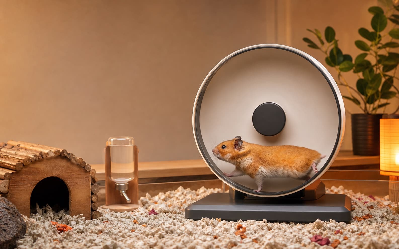 A hamster using a complete upright wheel with open space above it and a stable base clear of the bedding