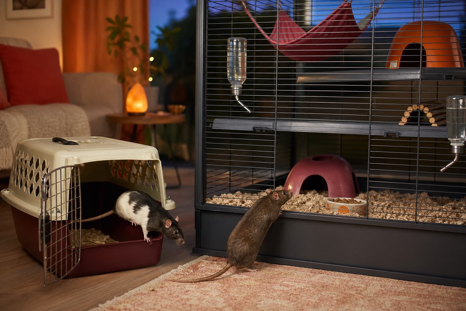 Two pet rats leaving an open carrier beside a tall cage with solid levels, hides, hammocks, food, and water