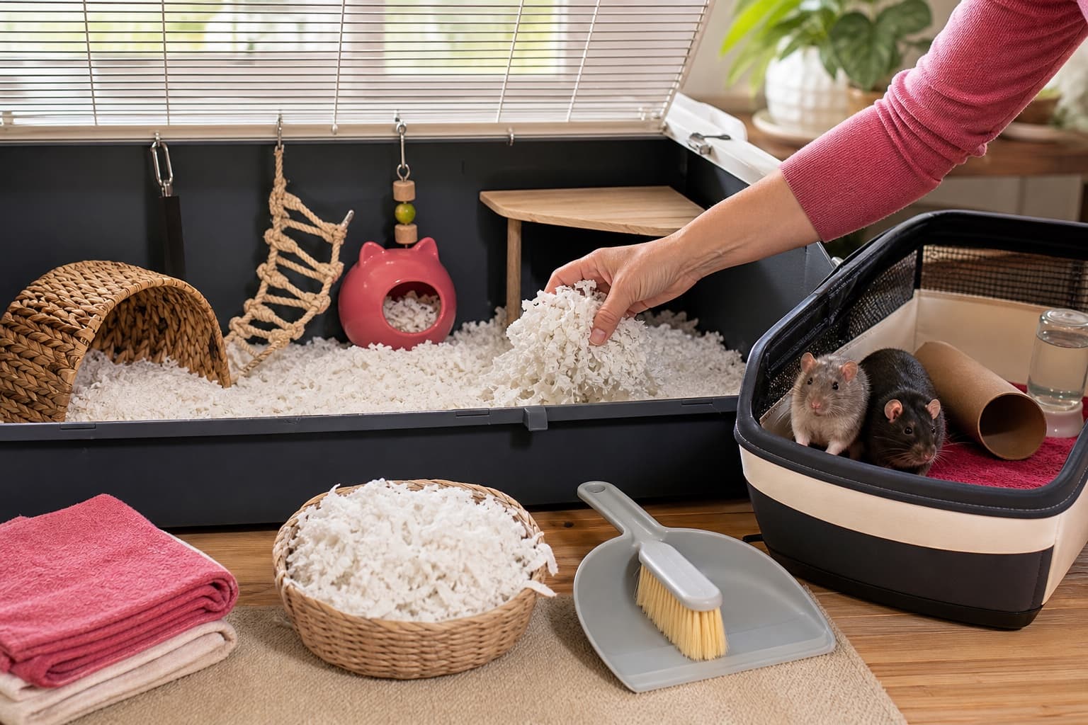 An adult adding clean paper bedding to a solid cage tray while two pet rats wait in a secure carrier with water and cover