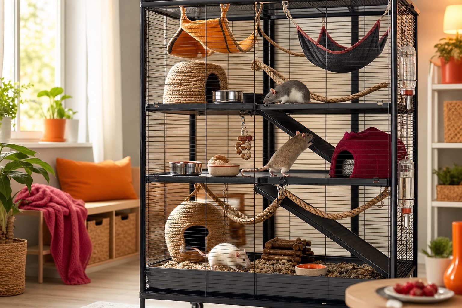 Three pet rats exploring a tall secure wire cage with solid levels, ramps, hammocks, hides, food, and water