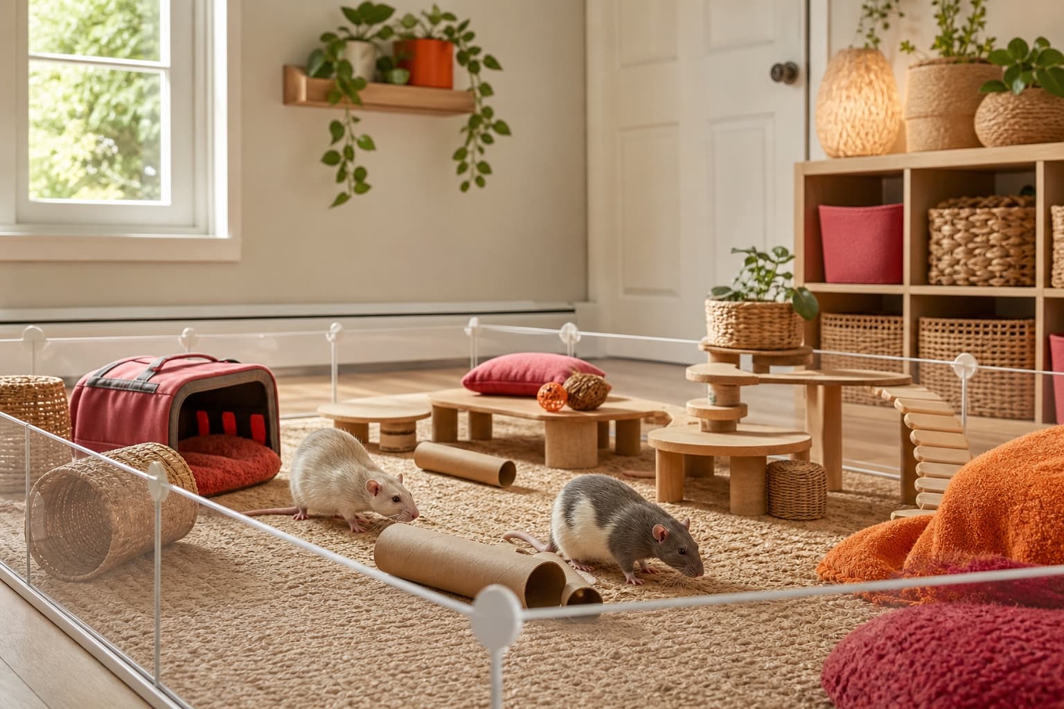 Two pet rats exploring a secure room with closed doors, covered cables, blocked gaps, low platforms, tunnels, and an open carrier