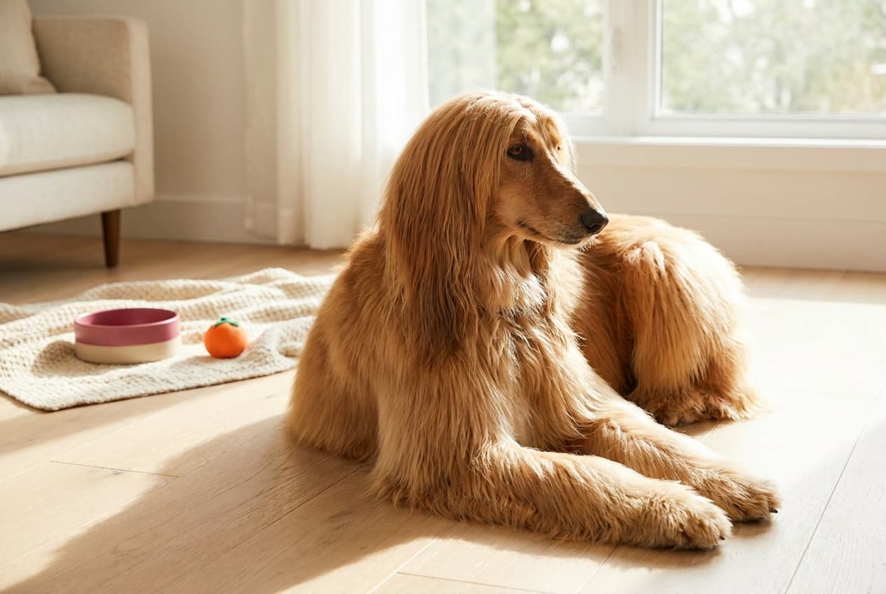 A Afghan Hound relaxing at home