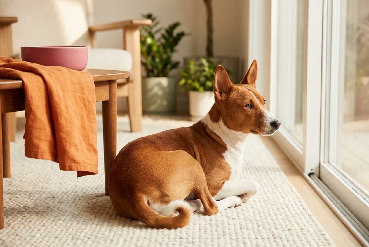 A Basenji relaxing at home