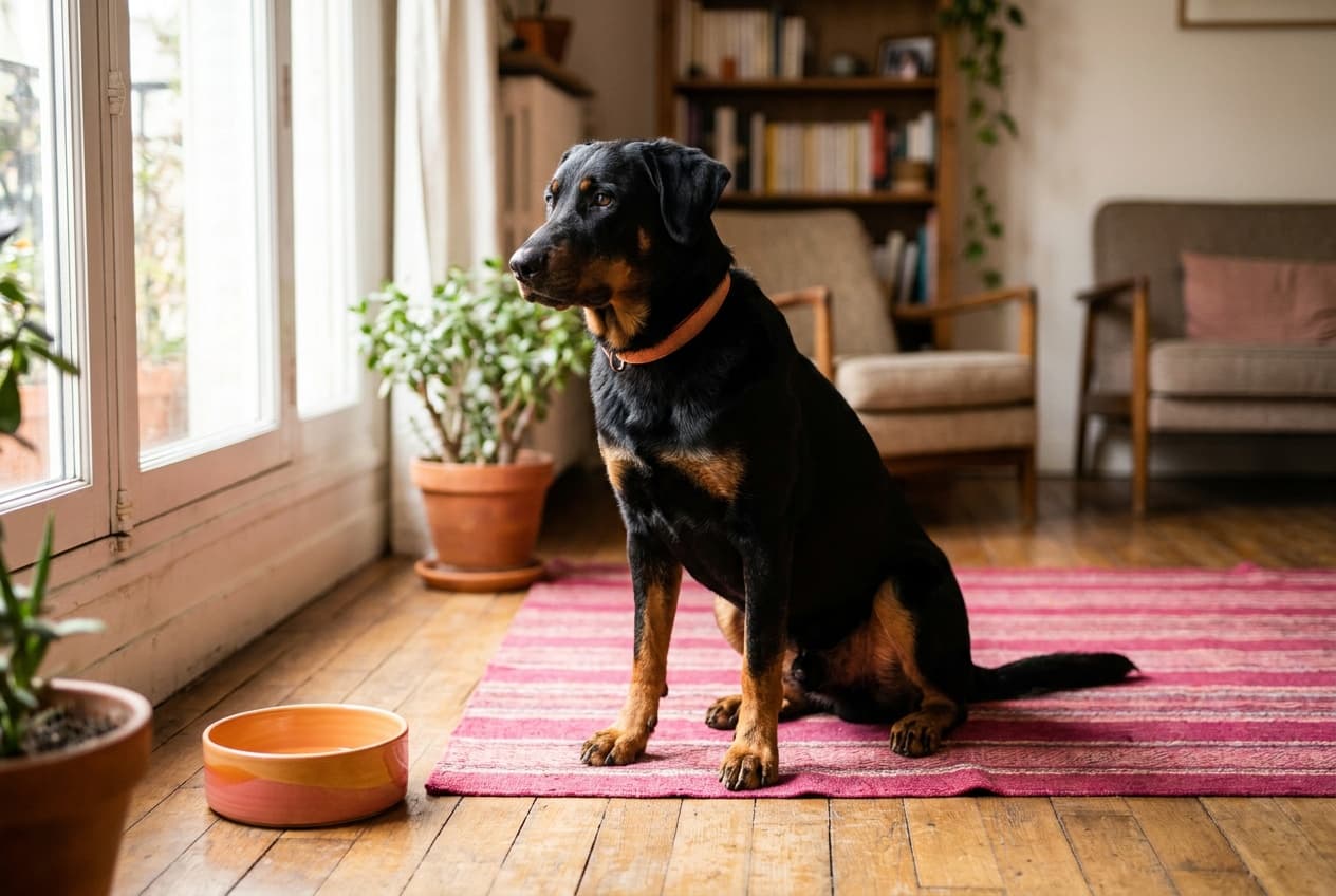 A Beauceron relaxing at home