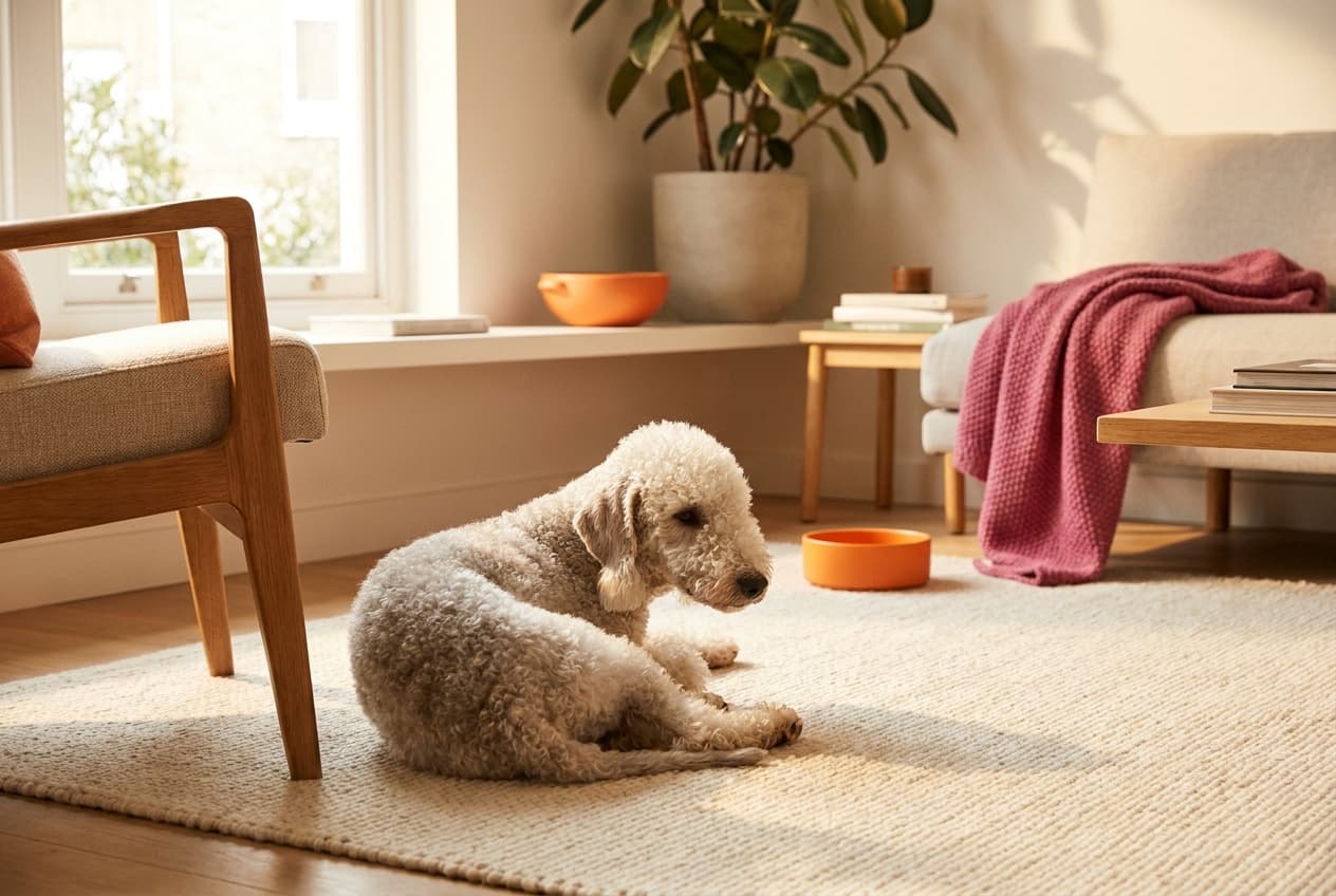 A Bedlington Terrier relaxing at home