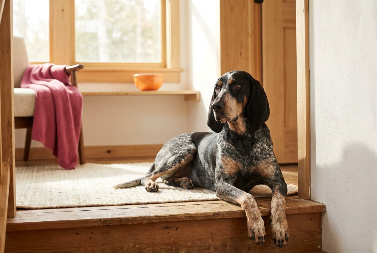 A Bluetick Coonhound relaxing at home