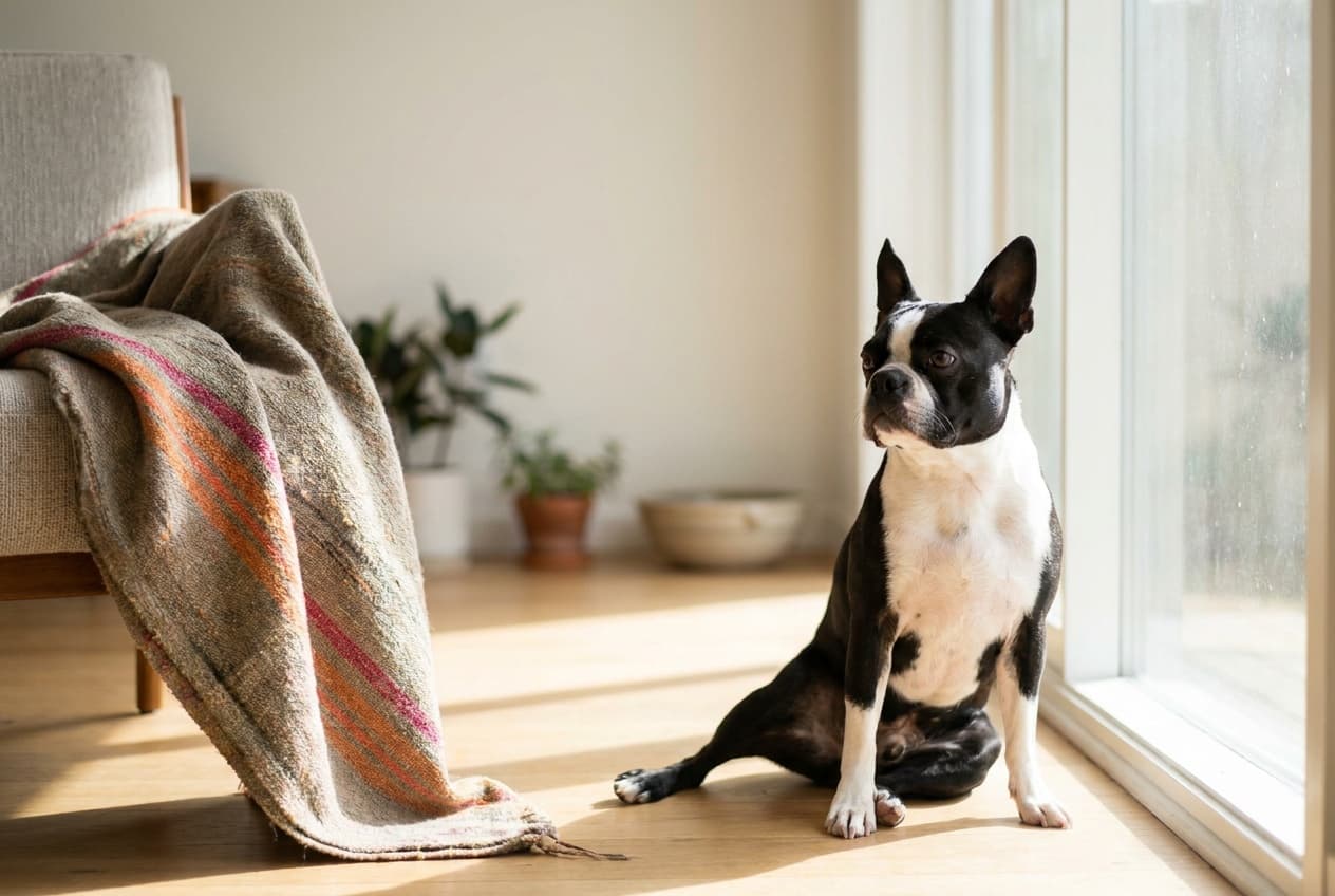 A Boston Terrier relaxing at home
