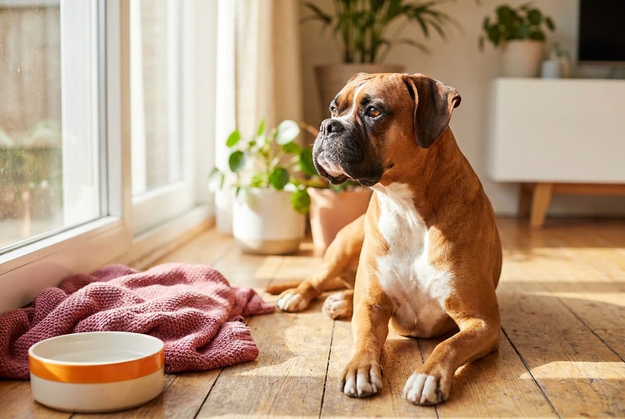 A Boxer relaxing at home