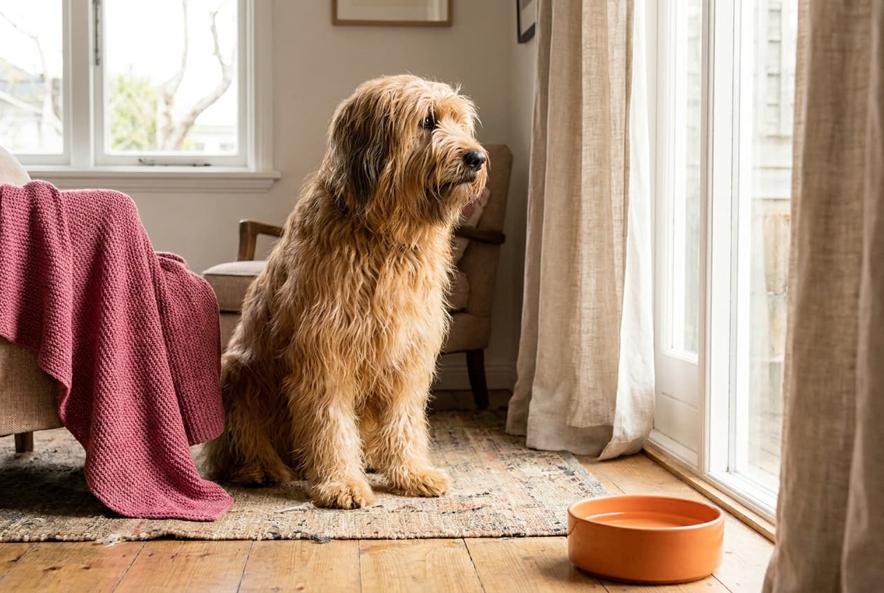 A Briard relaxing at home
