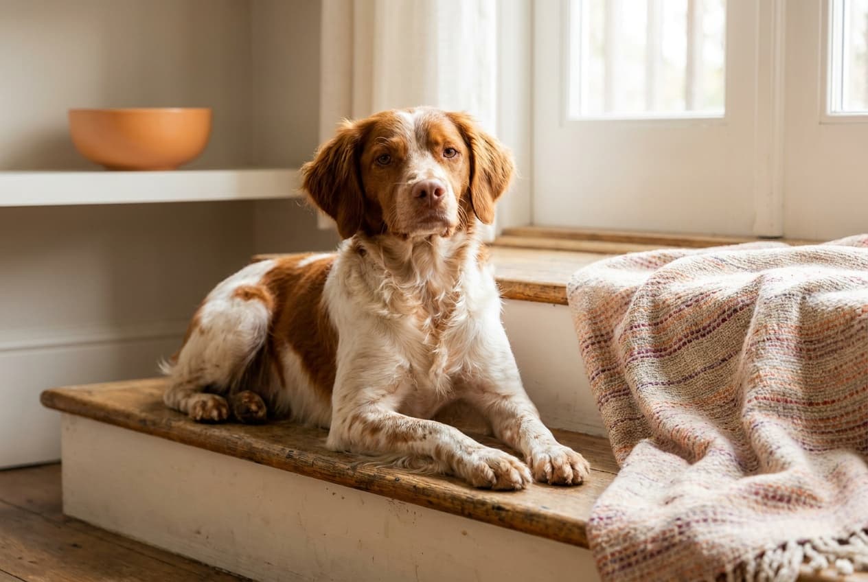 A Brittany relaxing at home