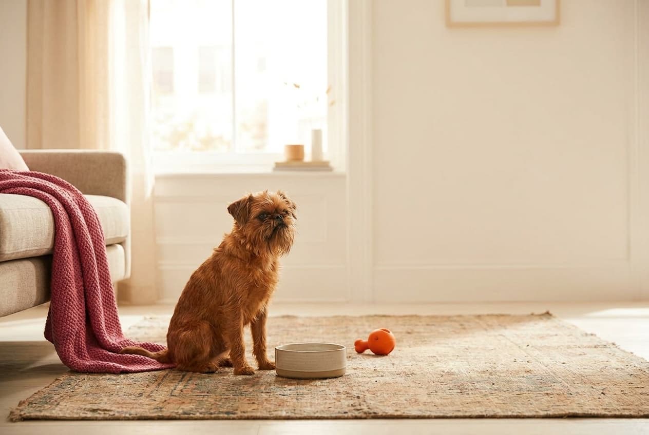 A Brussels Griffon relaxing at home