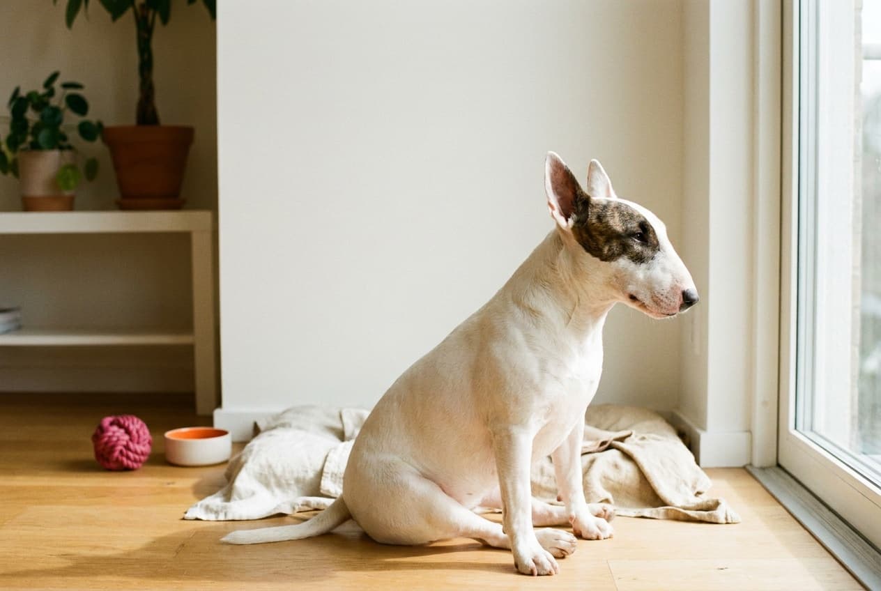 A Bull Terrier relaxing at home