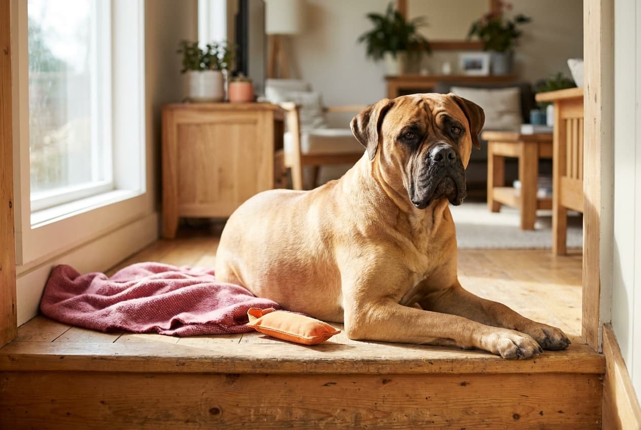 A Bullmastiff relaxing at home