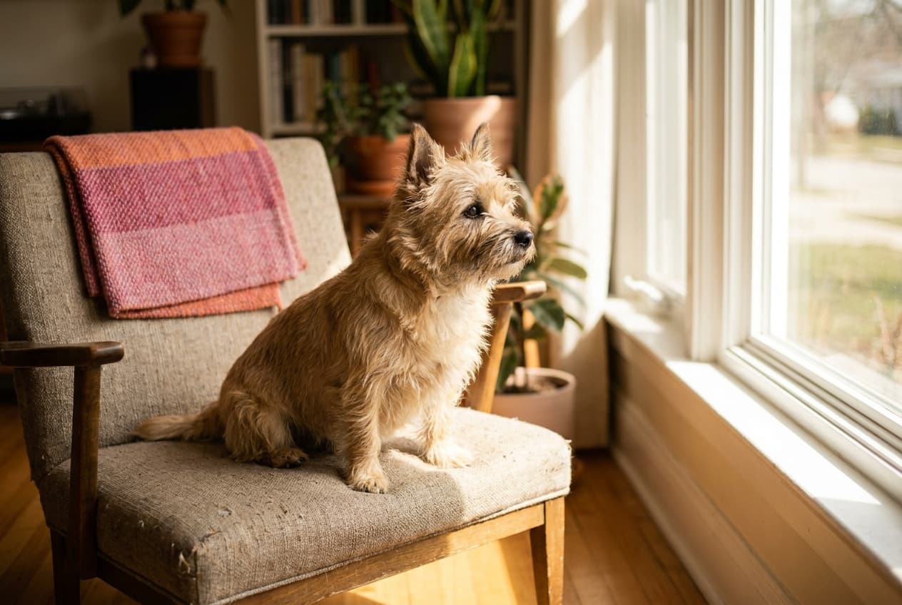 A Cairn Terrier relaxing at home