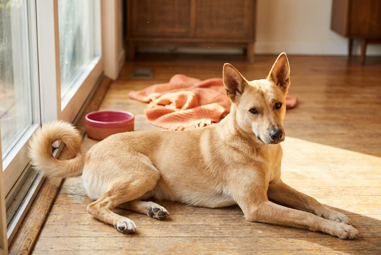 A Canaan Dog relaxing at home